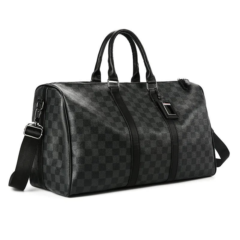 PU leather crossbody bag with sewing thread detail and plaid pattern for 20-35L travel