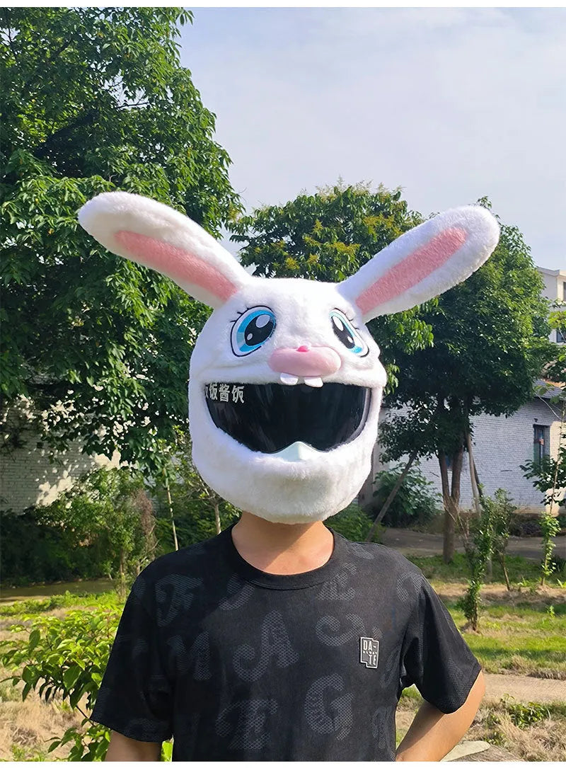 White rabbit head plush helmet cover for electric motorcycle with long ears