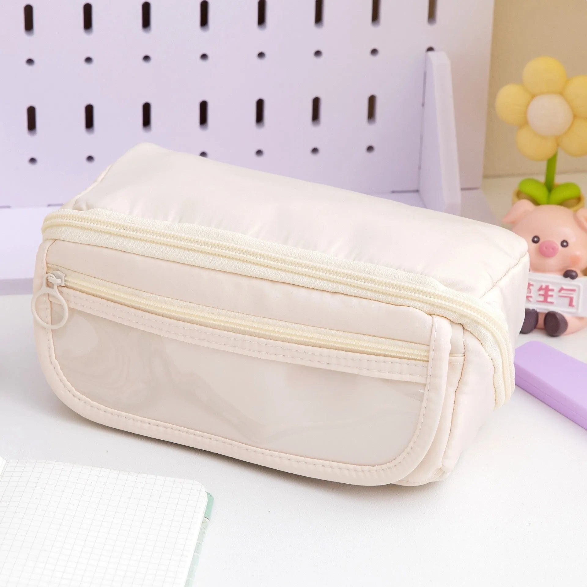 Korean style ten-layer flip canvas pencil case open to show multiple compartments.