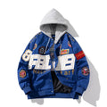 American motorcycle baseball jacket with removable hood in black, red, and blue colours