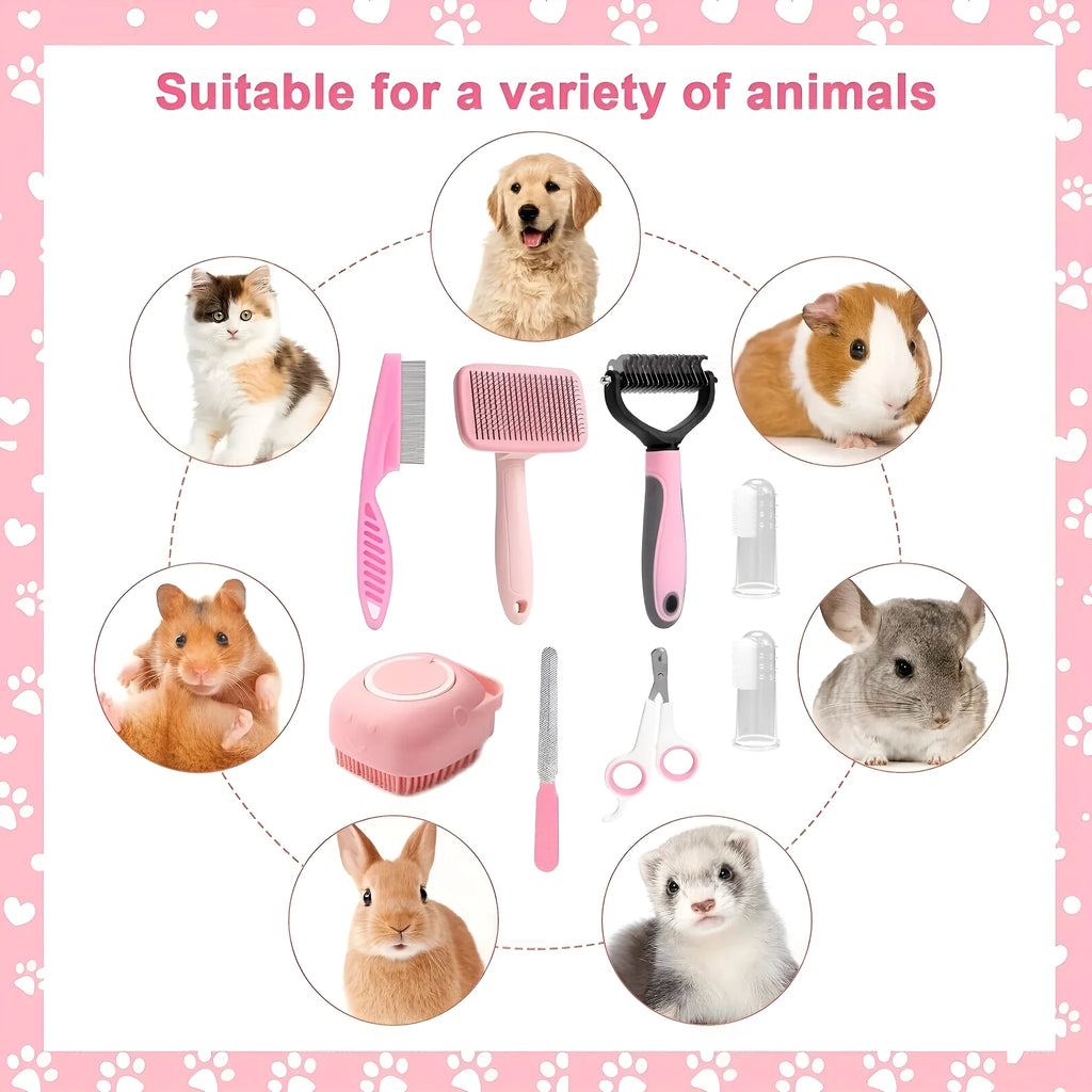 8-piece stainless steel dog grooming tools set with self-cleaning bristles in pink or blue colour