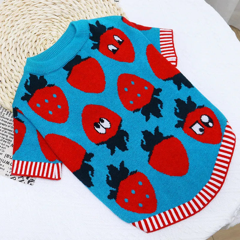 Cartoon Jarre Aero Bull design dog sweater in wool for autumn and winter, shown in rabbit, red pig, flower button, and strawberry patterns.