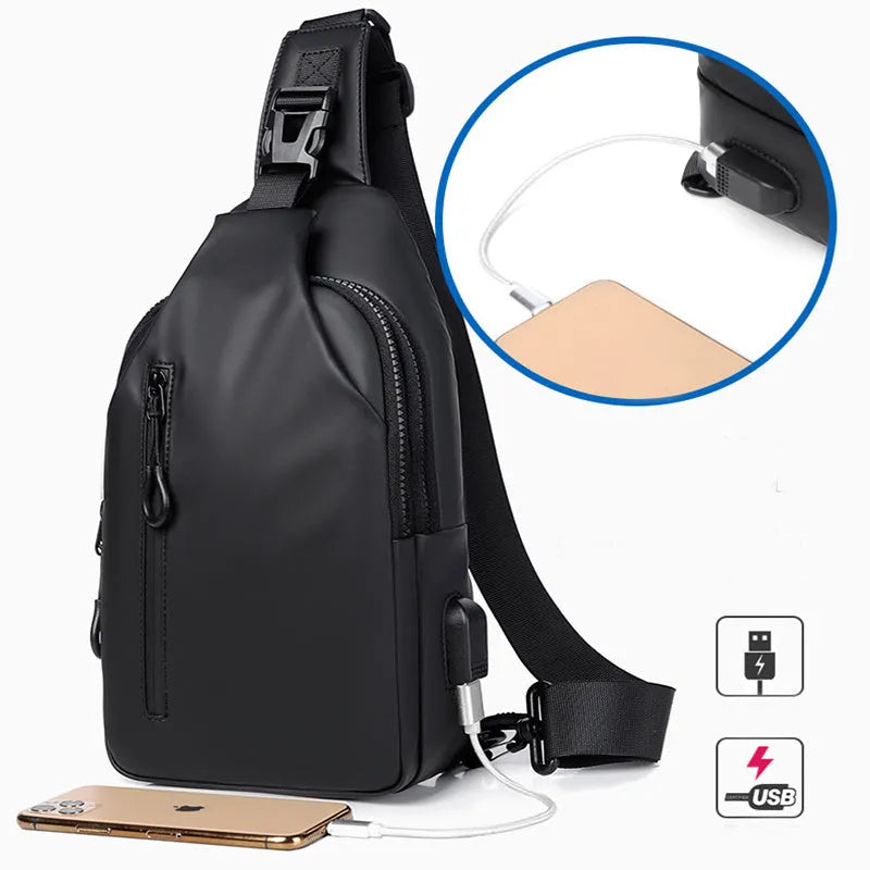 Black sling crossbody backpack for men with zip closure and soft handle, solid colour