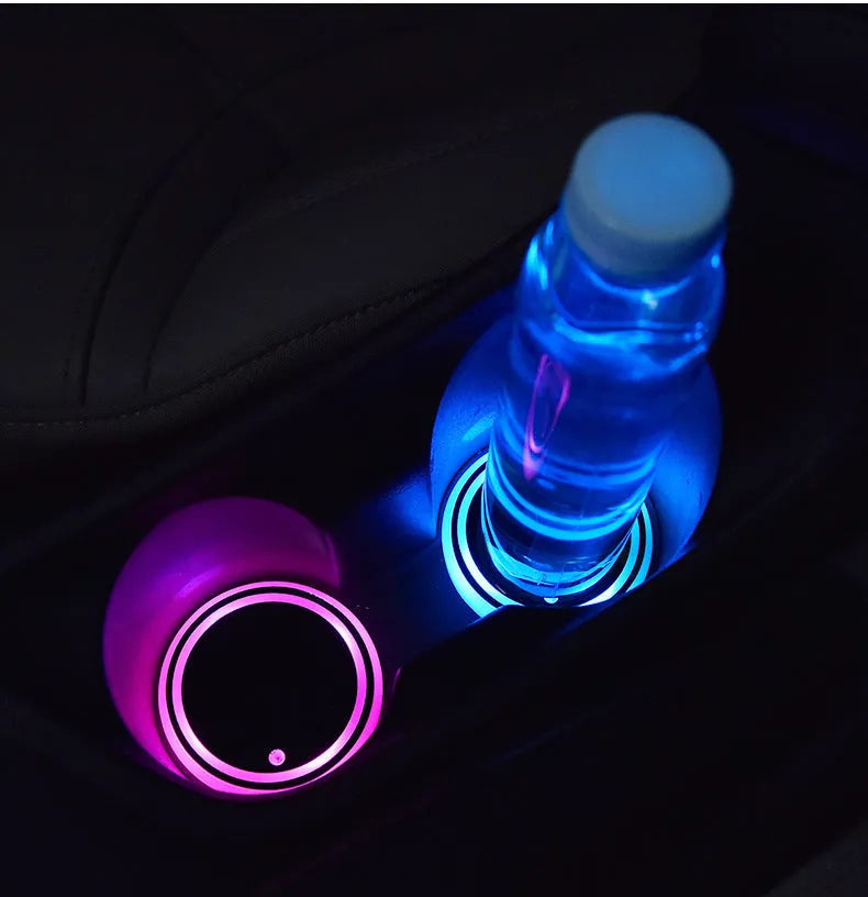 Colour-changing LED light-up coaster for car cup holders with USB cable