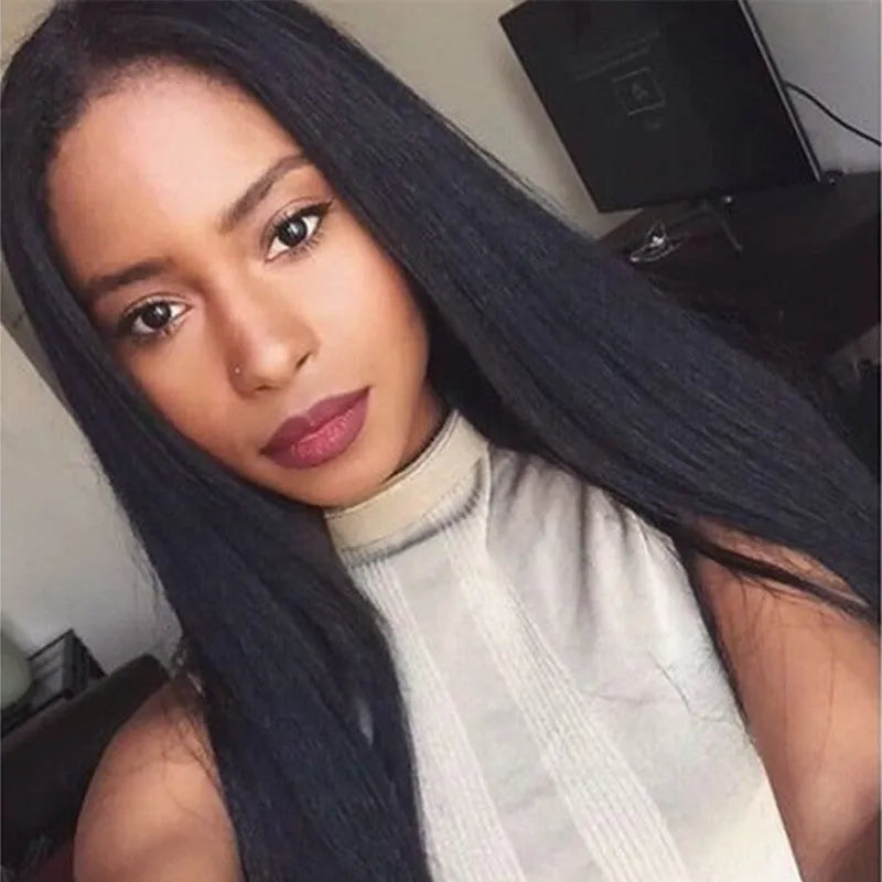 Long straight black wig with centre-parted bangs on a model, showing European-American style.