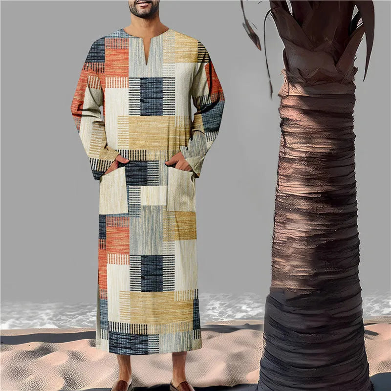 Men's long Arabic robe in bamboo linen, loose colour matching sweater style, sizes S to XXXL