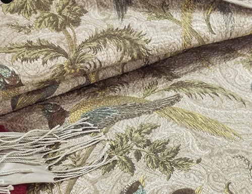 Blue American-style cotton bedspread with floral bird pattern, part of a 3-piece quilted set.