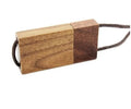 Lanyard wooden USB flash drive with solid wood shell in walnut finish on white background