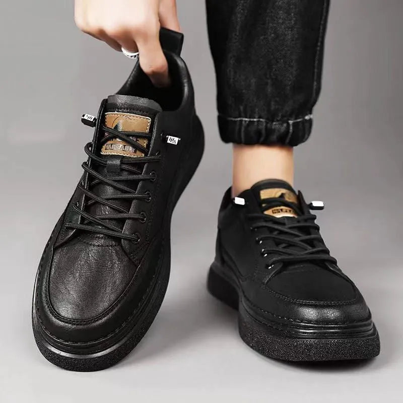 Men's black sports casual loafers with artificial PU upper and sewing line detail