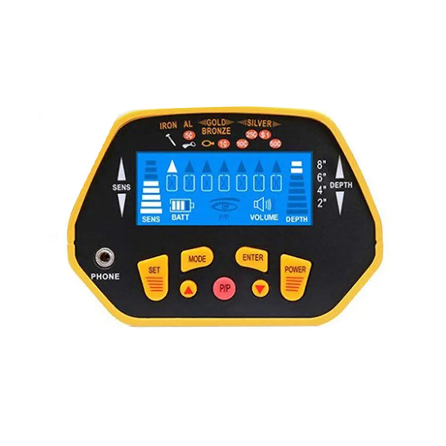 GC1028 black and yellow metal detector with LCD screen and adjustable pole, showing waterproof search coil.