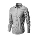 Men's loose-fit linen long-sleeve button-up shirt in a slim casual style on a hanger.