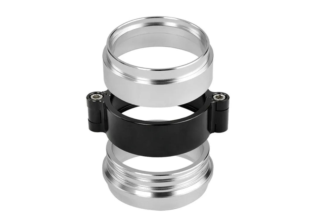 Aluminium fixed movement clamp for car turbo exhaust, in red, showing its one-piece construction.