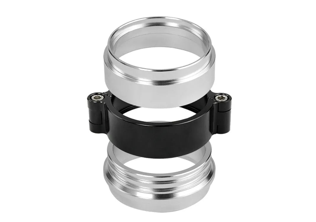 Aluminium fixed movement clamp for car turbo exhaust, in red, showing its one-piece construction.