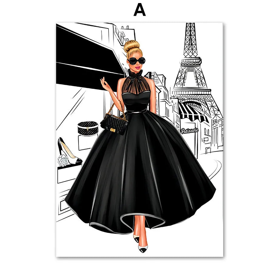 Fashion bag girl with balloons and champagne cartoon anime canvas print wall art