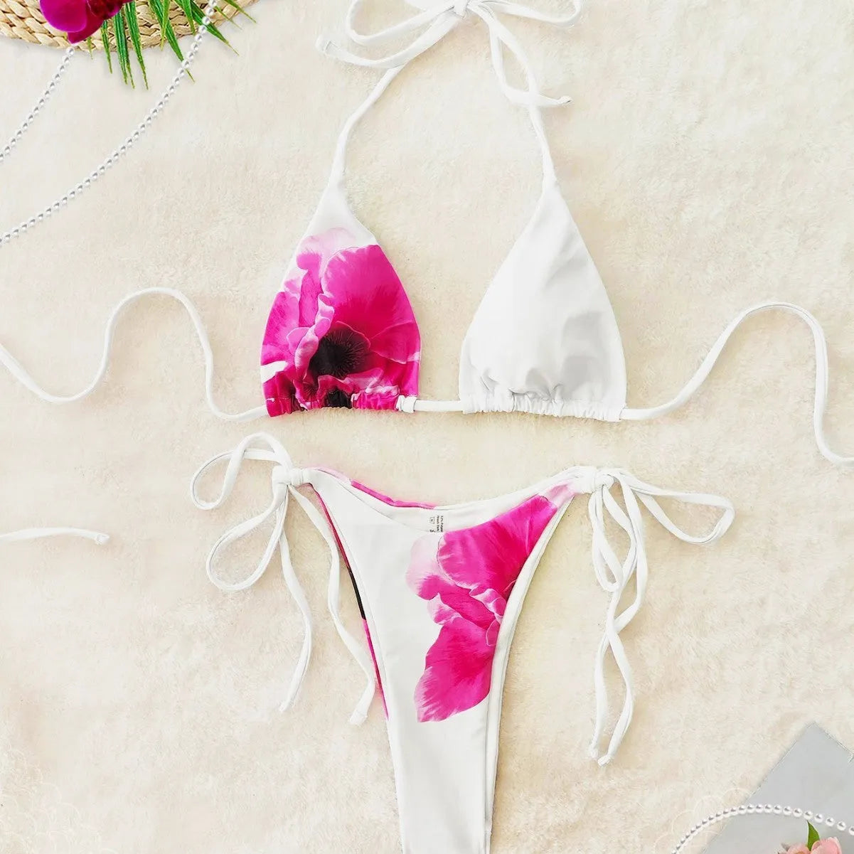 White printed bandage skirt bikini swimsuit three-piece set for women with polyester fabric