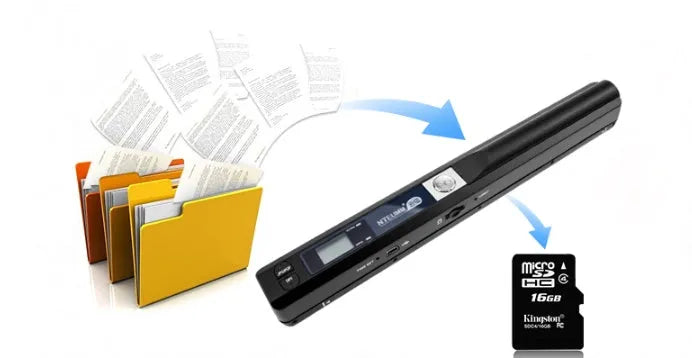 Compact portable A4 document scanner with USB cable and 900 DPI resolution, measuring 255 x 33 x 25 mm