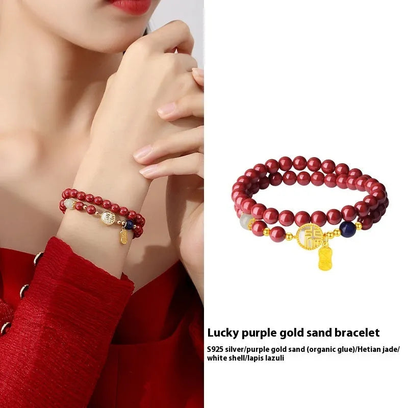 S925 sterling silver bracelet with white shell blessing card design and purple gold sandstone elements