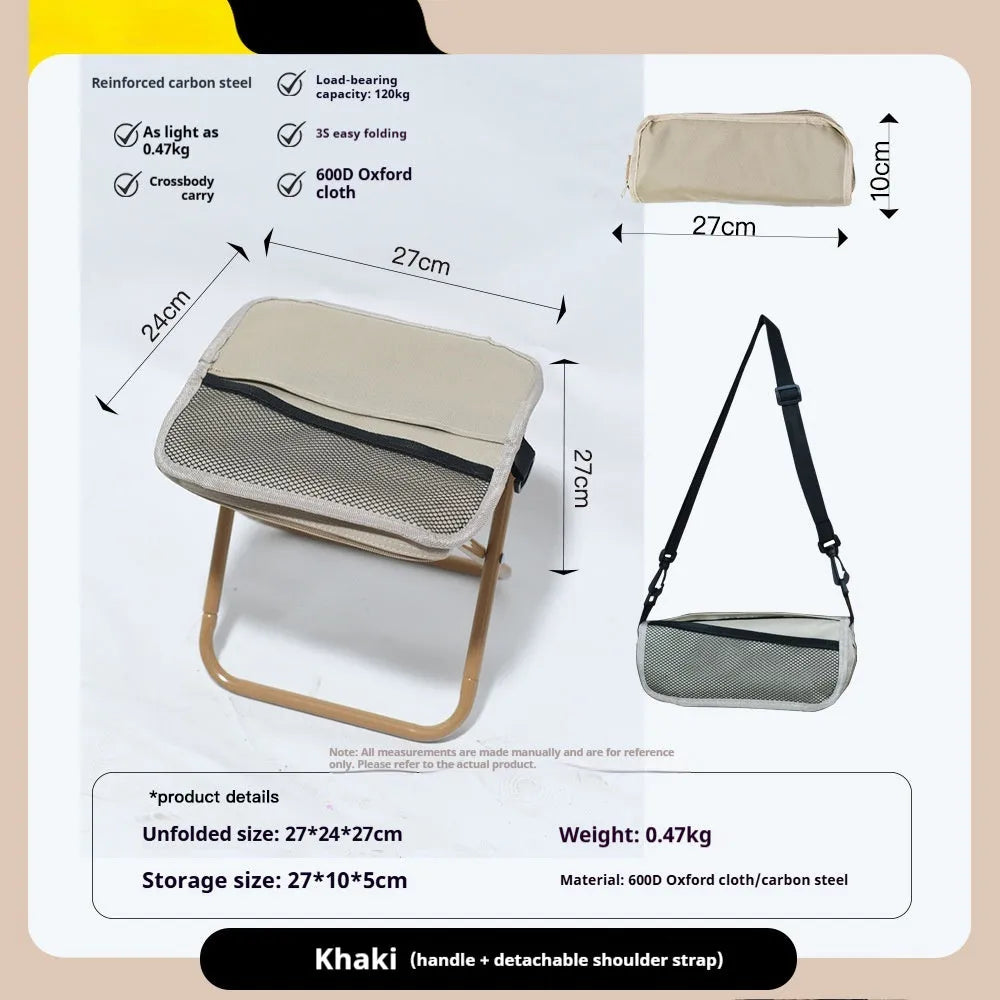 Lightweight foldable camp stool in khaki colour, shown folded flat in pencil box style.