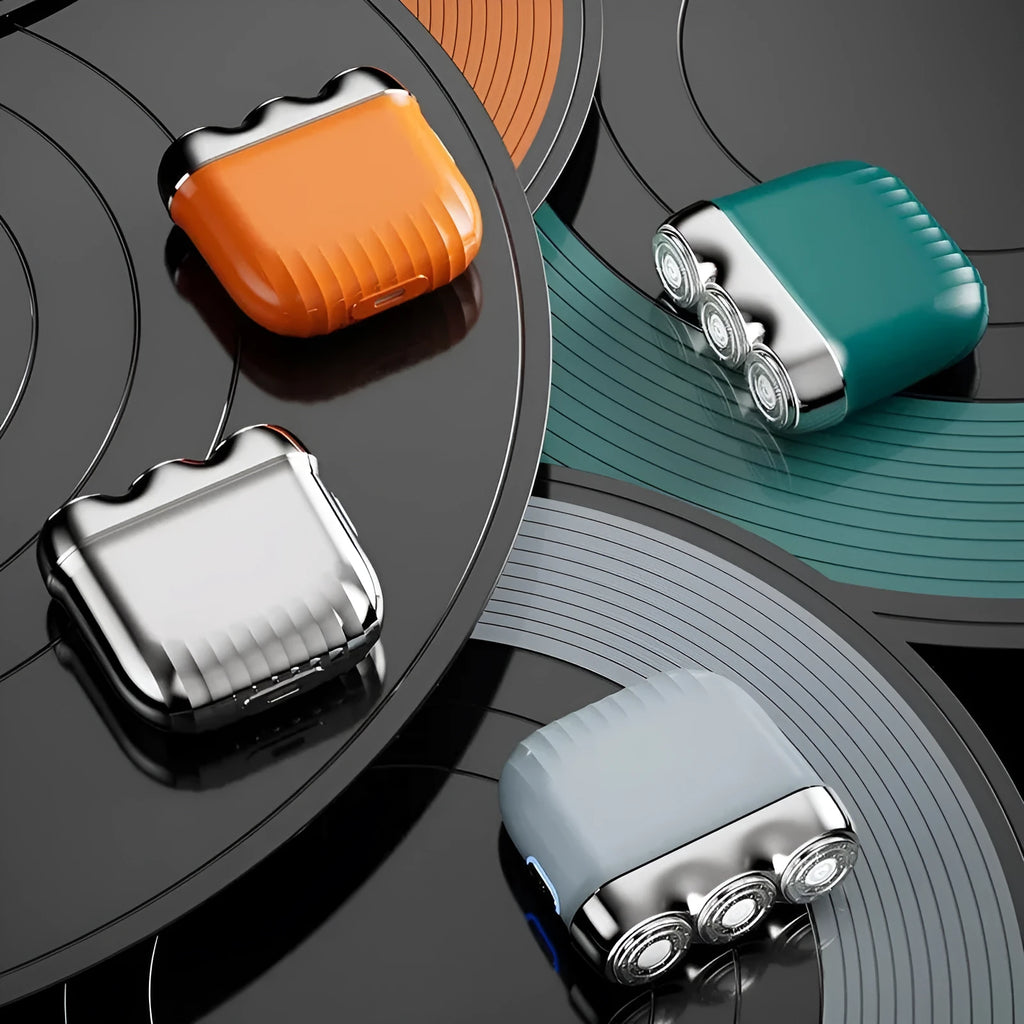 Three-head magnetic electric shaver in four colour options with rechargeable battery.
