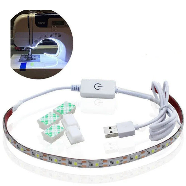 5 metre long flexible USB LED light strip showing touch control and bright white illumination