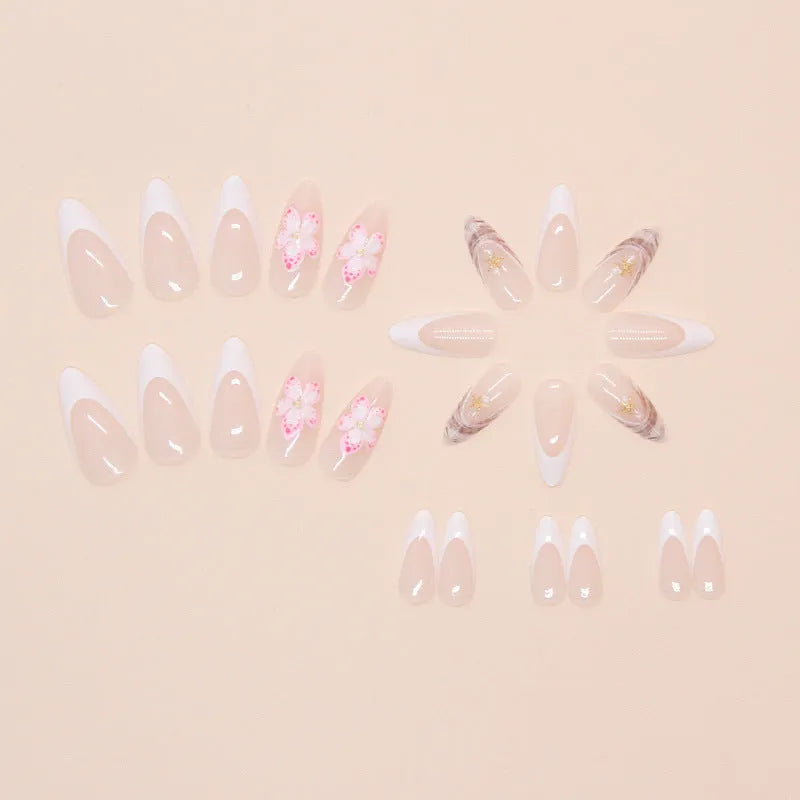 Removable false nails with floral French design and rock pattern patches in W1764 colour