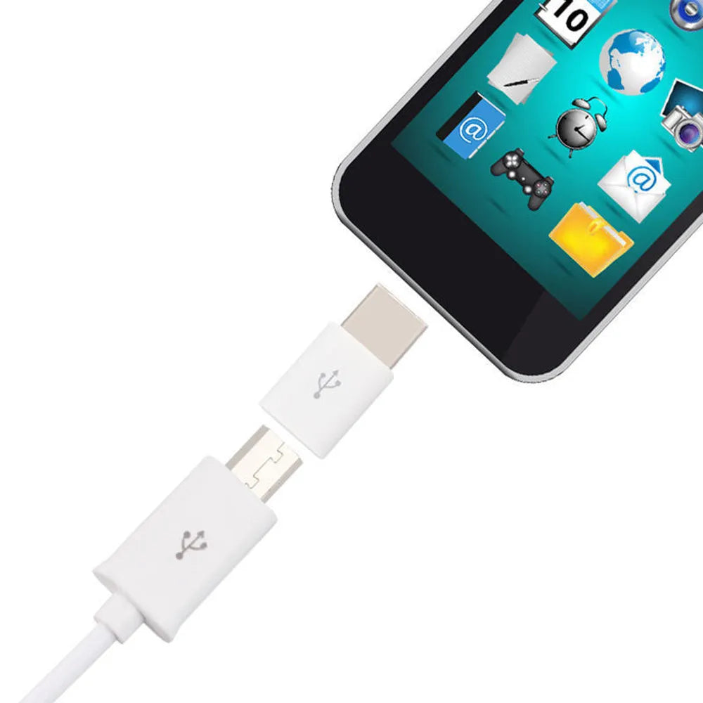 Micro USB to USB C adapter in black, compact size, with micro USB male and USB C female ends
