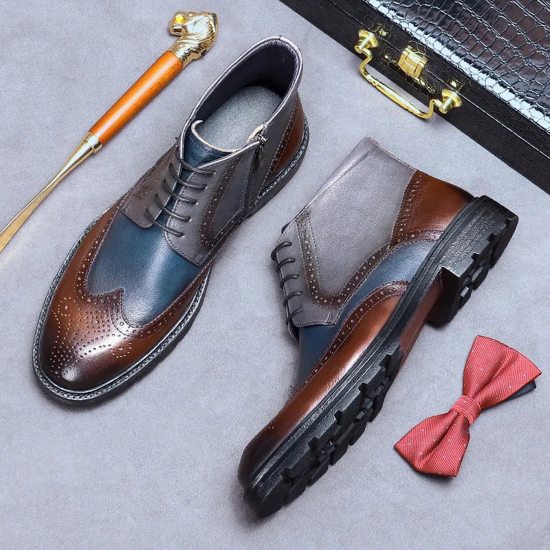 Men's coffee blue brogue boots with carved leather detailing and front lacing