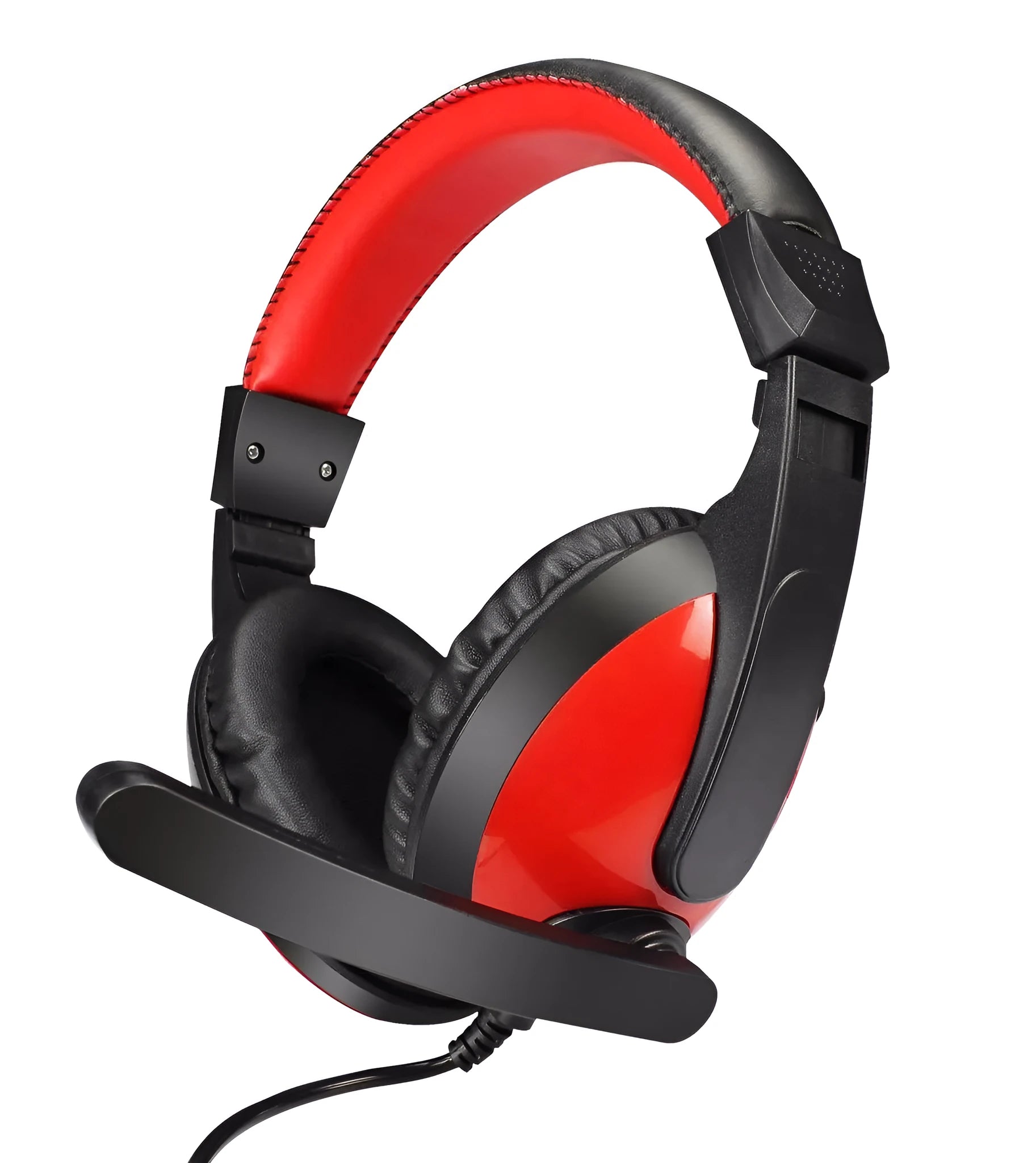 Blue and red wired over-ear gaming headset with 40mm speakers and a boom microphone.