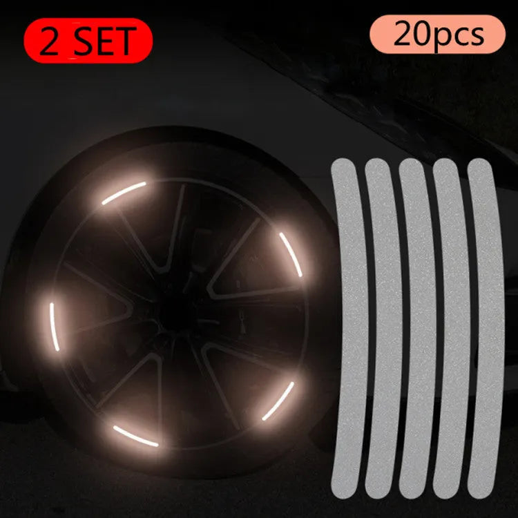 20-piece car wheel hub reflective stickers in PVC with multiple colour options for tyre warning and decoration