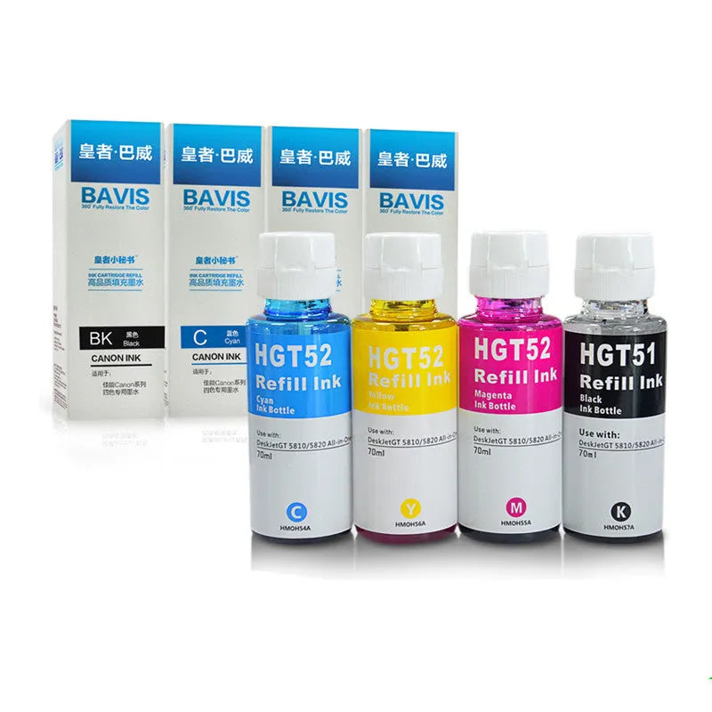 Four HP GT51 GT52 ink cartridges in black, blue, magenta, and yellow for Officejet GT and Smart Tank printers