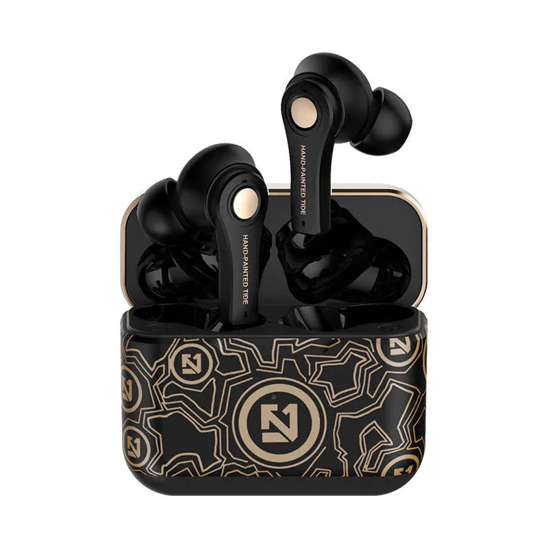 Black and white wireless Bluetooth headset with over-ear design.