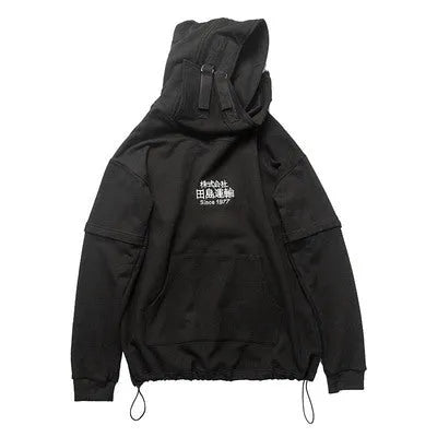 Women's high collar hooded sweater in cotton terry cloth, loose fit with drop sleeves, creative pattern