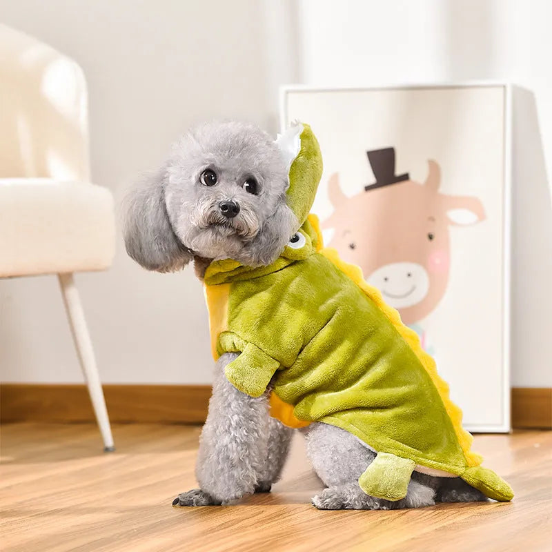 Green dinosaur coral fleece dog coat for autumn winter Halloween Christmas, sizes XS to 4L