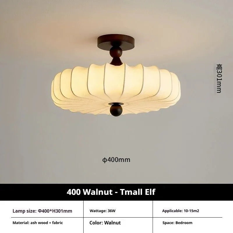 Mid-ancient French retro fabric ceiling lamp with ash wood frame in walnut colour on a ceiling