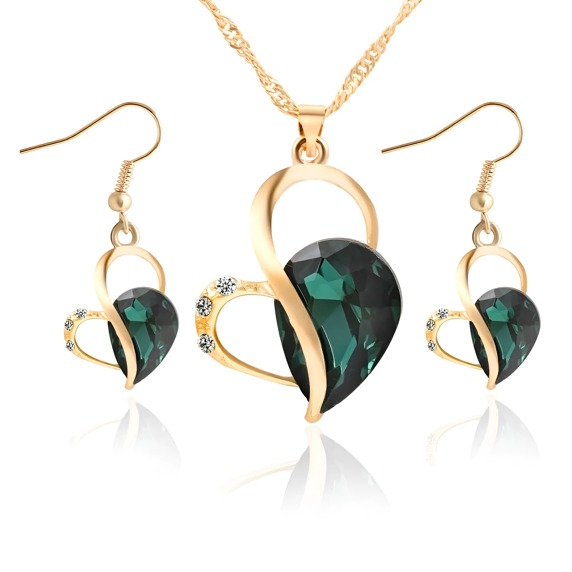 Love Drops heart and pearl alloy jewellery set in Korean style, blue colour variant, with necklace and earrings