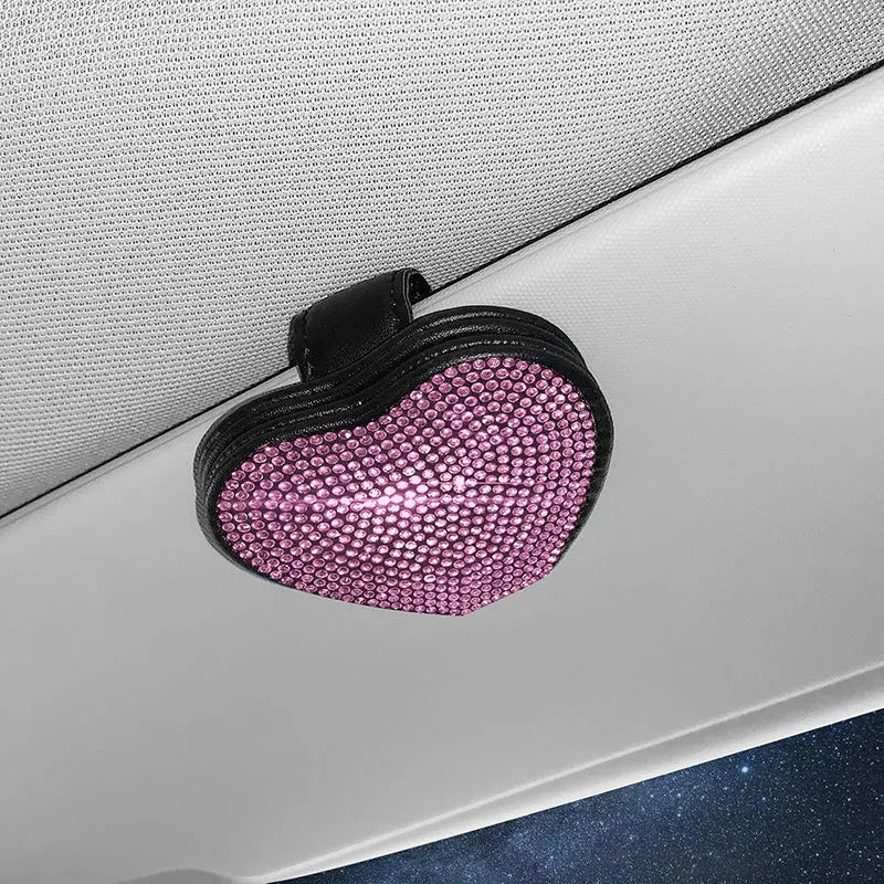 PU leather car sun visor clip with diamond pattern, holding sunglasses and cards.