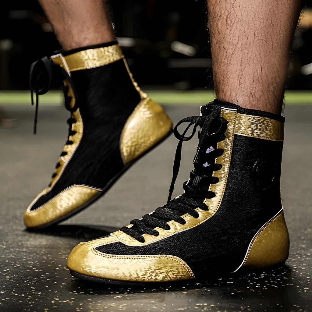 Black gold professional boxing shoes with mesh upper and rubber sole