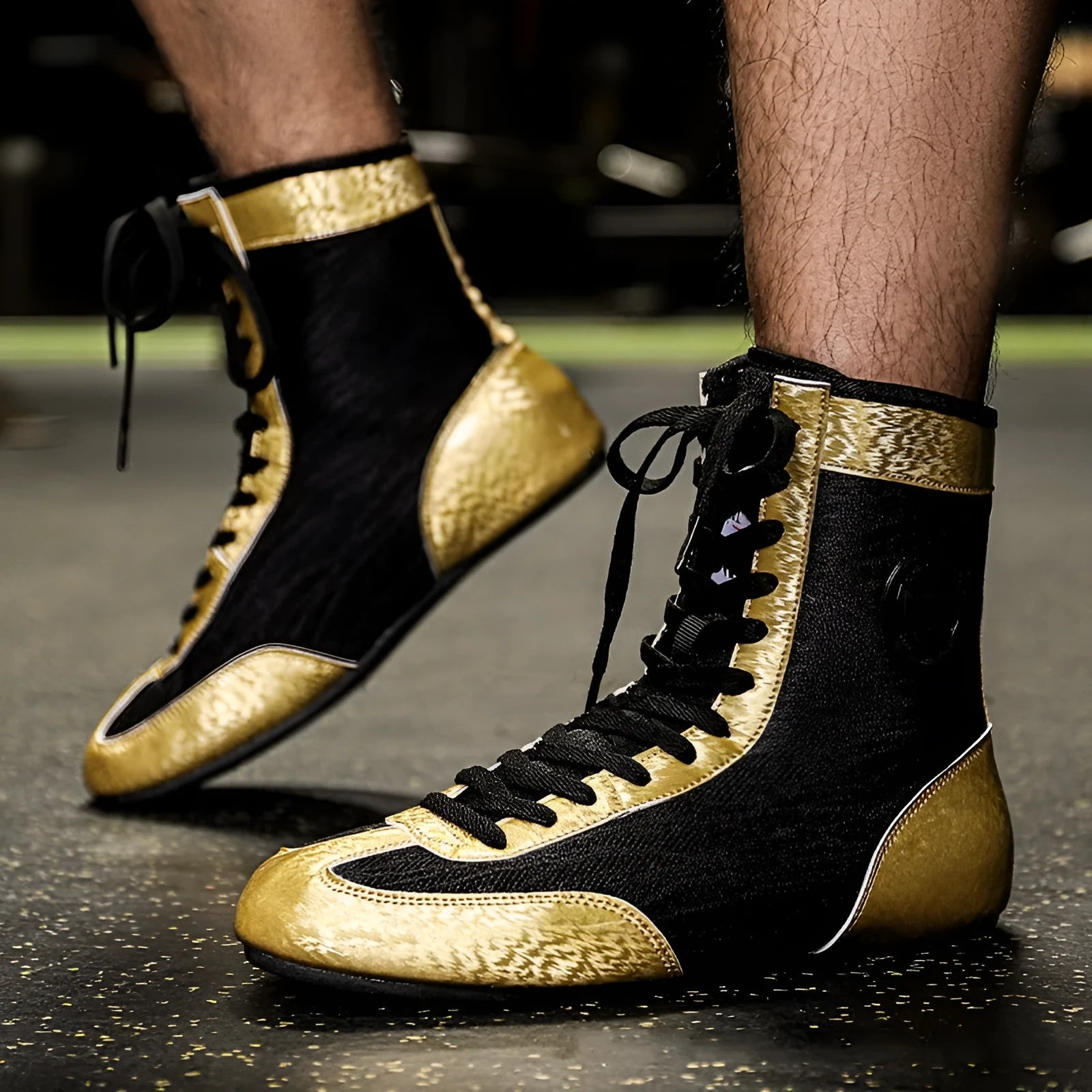 Black gold professional boxing shoes with mesh upper and rubber sole