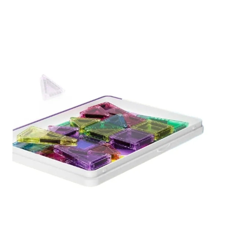 Educational magnetic building blocks toy with portable plastic magnetic sheets for teenagers, 20 to 74 pieces