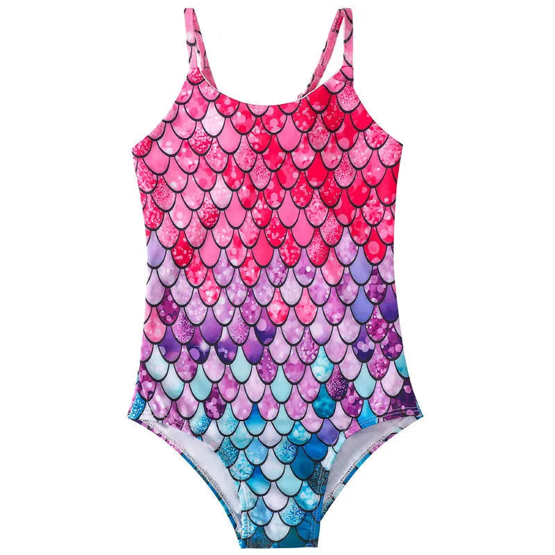 Children's mermaid style one-piece swimsuit in polyester with high elasticity, available in multiple colours and sizes 100-150cm
