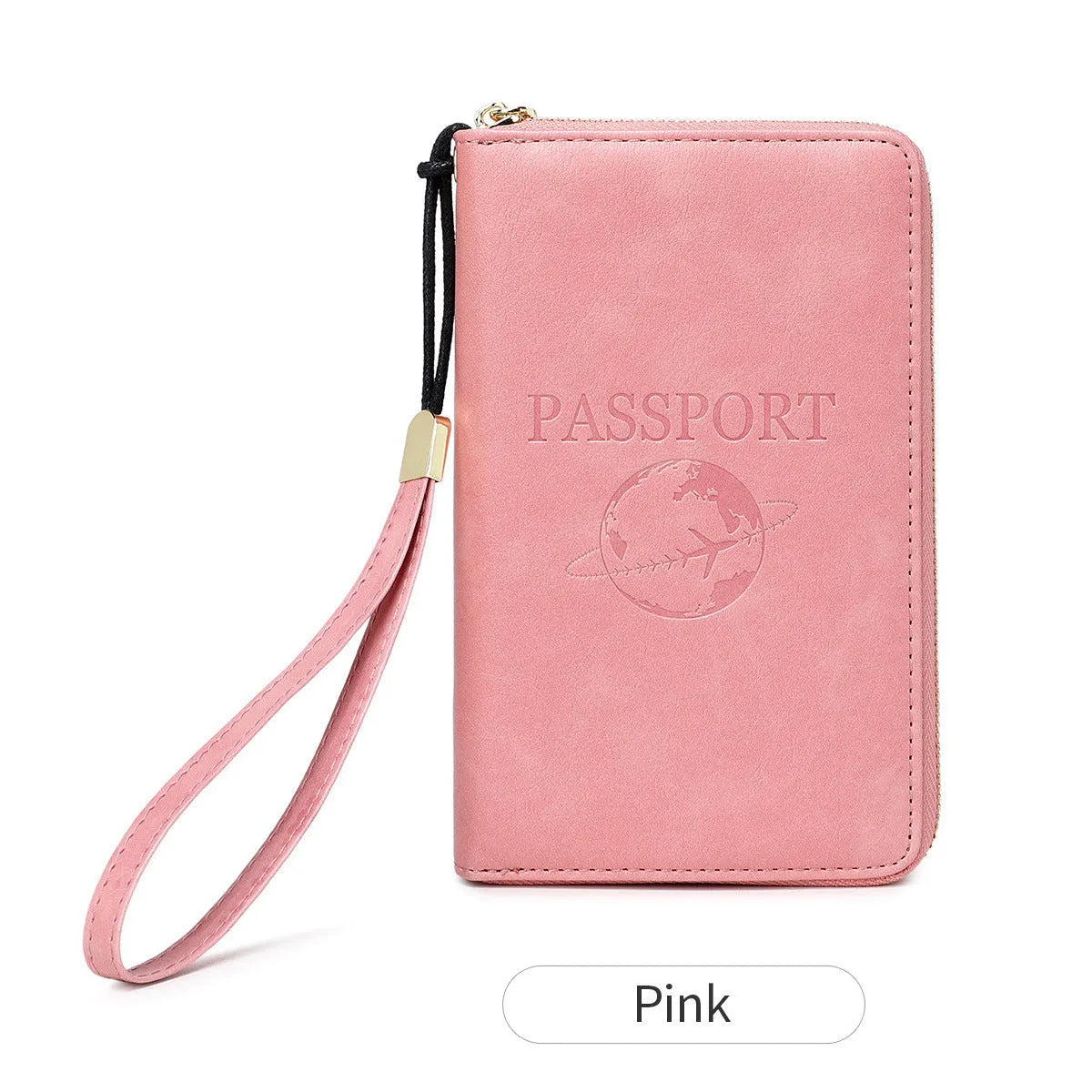 Brown PU travel document wallet with zip, open to show credit card slots and passport space.