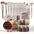 40-piece makeup tool set with beauty blender sponges and soft sponge puffs in coffee brown, pink, and purple
