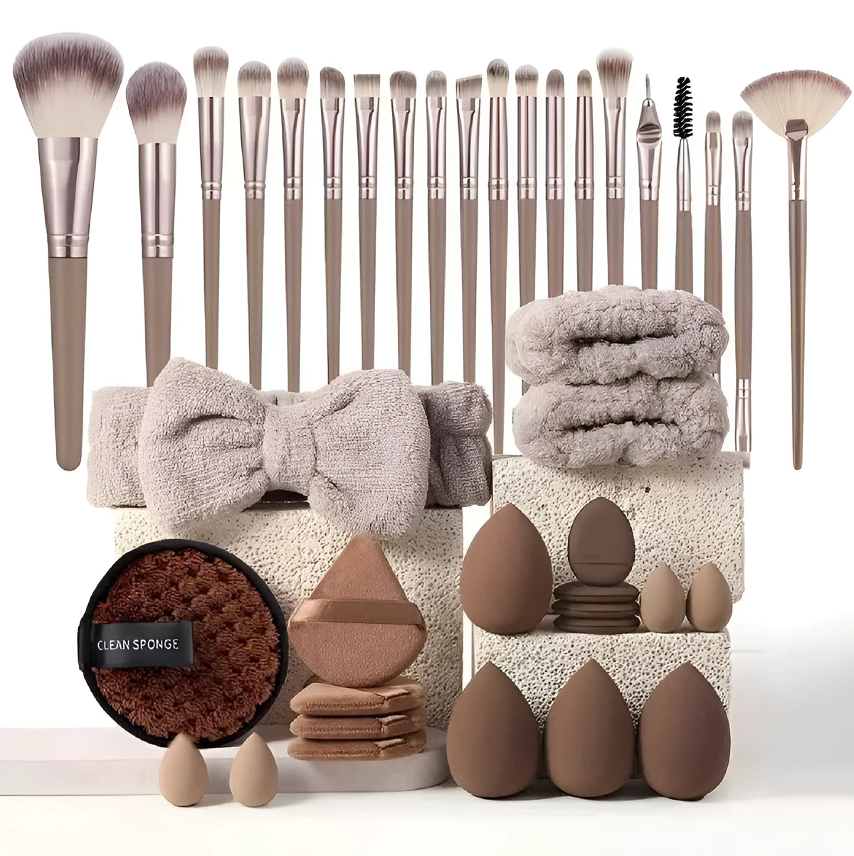40-piece makeup tool set with beauty blender sponges and soft sponge puffs in coffee brown, pink, and purple