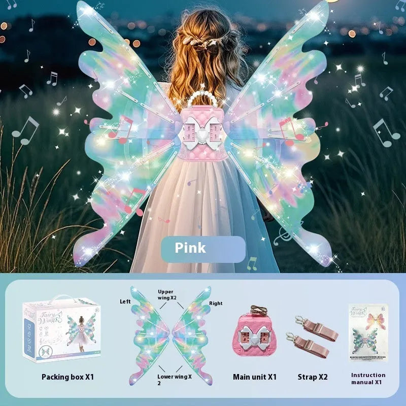 Children's electric butterfly glowing wing toy in pink backpack style with fan sound for girls aged 4-6