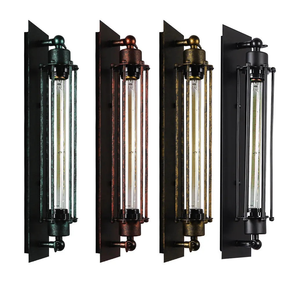 Retro industrial iron devil island flute wall lamp in black finish with visible metal shade