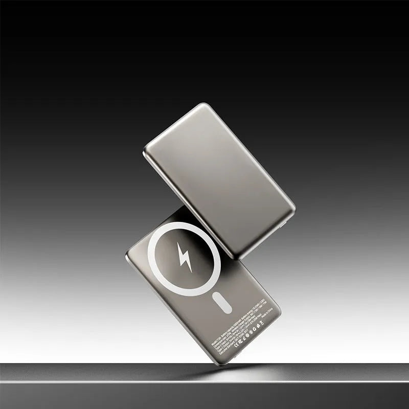Gun grey magnetic wireless power bank with alloy construction showing ultra-thin 9mm profile