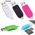 OTG dual-purpose card reader for SD and TF memory cards with USB and micro USB connectors