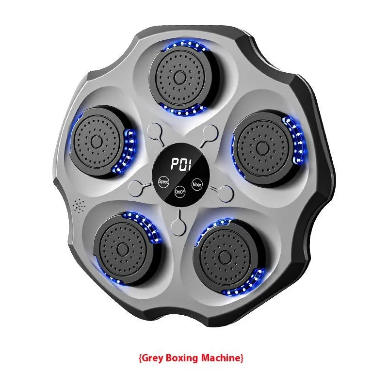 Black Bluetooth music boxing wall target hanging on wall with boxing gloves.