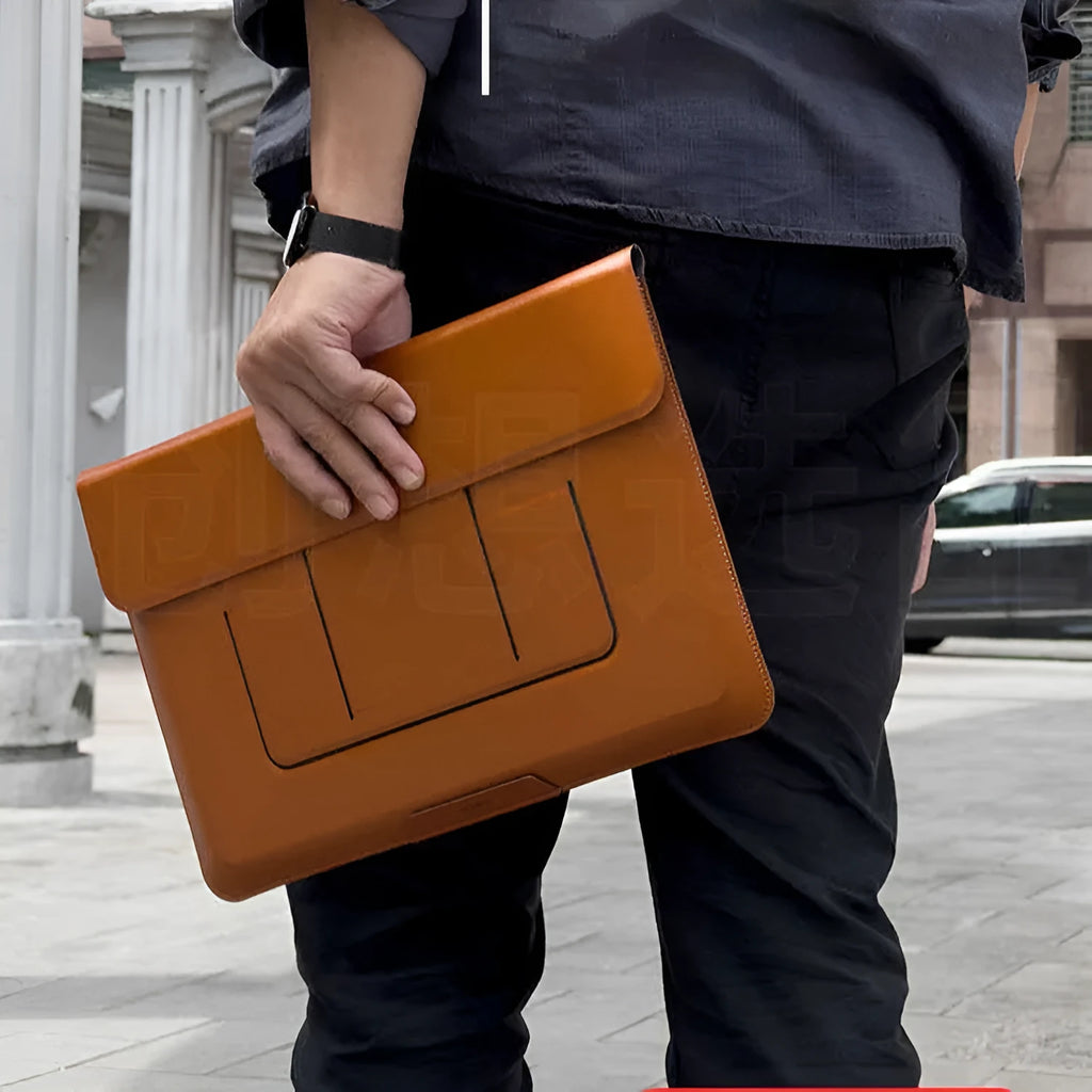 Brown 13.3 inch laptop bracket bag shown open with integrated stand deployed.