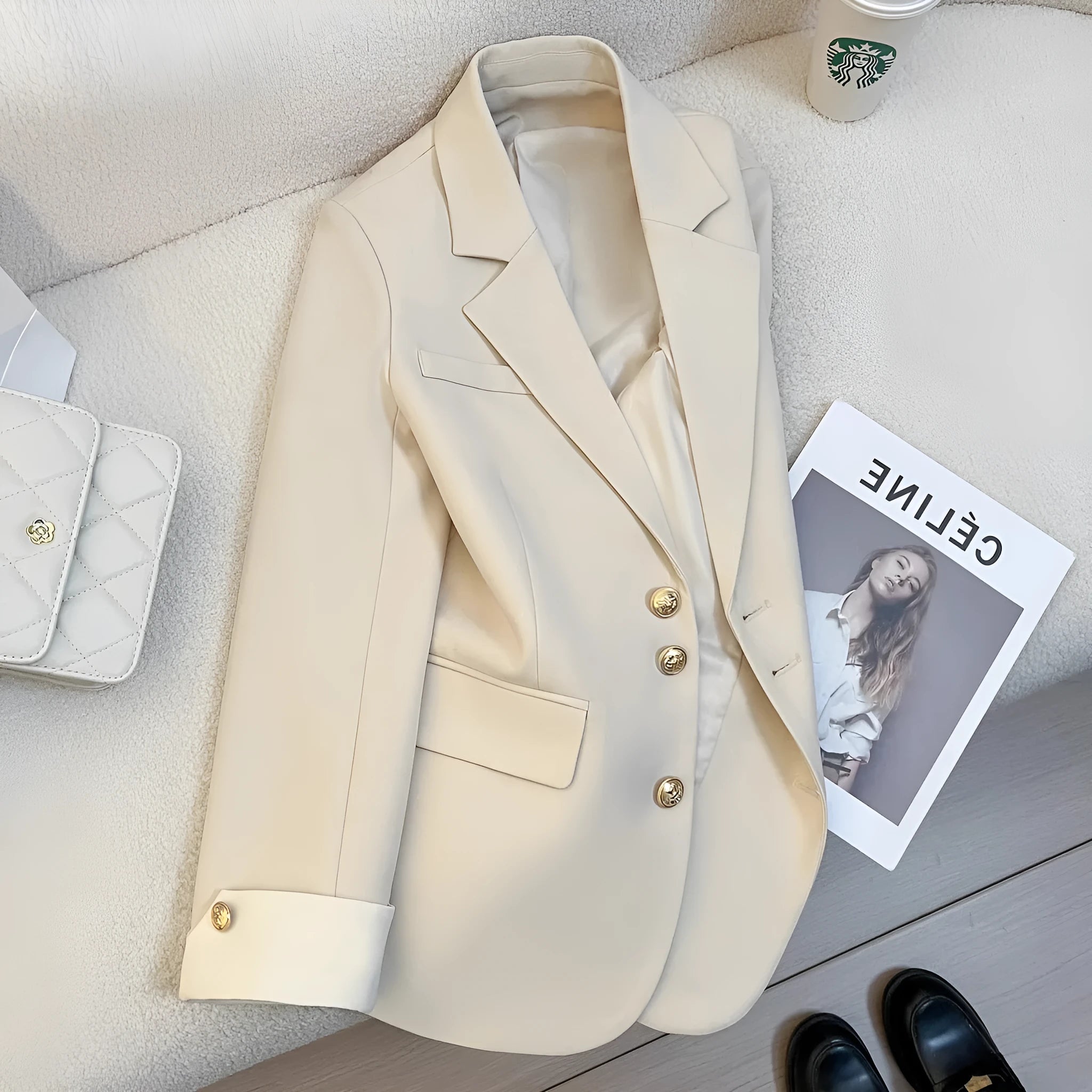 Korean-style loose fit women's coat in solid colour polyester, medium 65cm length with pockets.